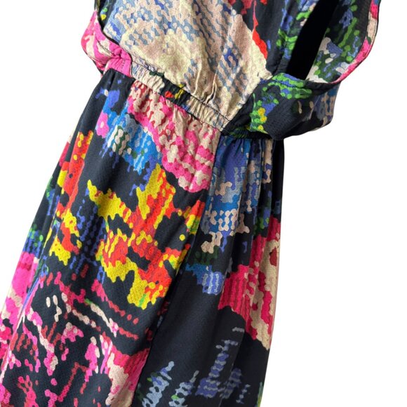 Anthropologie Black Floral Abstract Midi Dress | Size M | V-Neck Elastic Waist - Picture 8 of 9